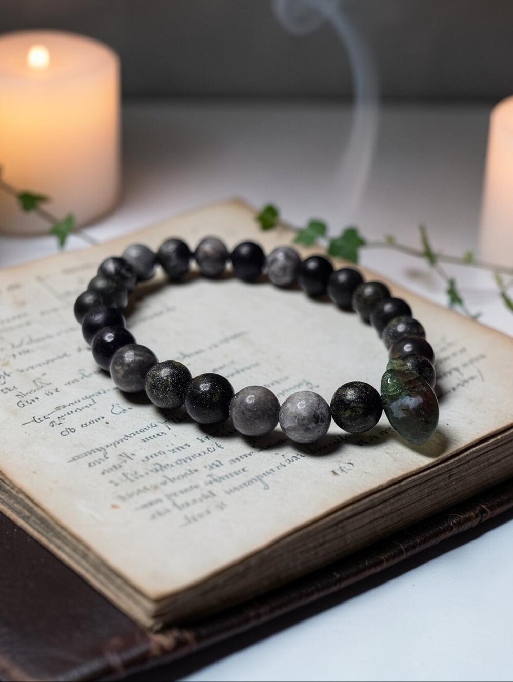 Handmade Black and Gray Beaded Bracelet with Green Moss Center Bead